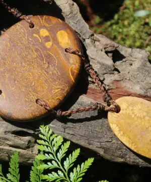 Orange Fossil Coral Necklace • Calligraphy Stone Talisman • Handmade Healing Jewelry • Australian handmade, handwoven tropical Cord Pendant