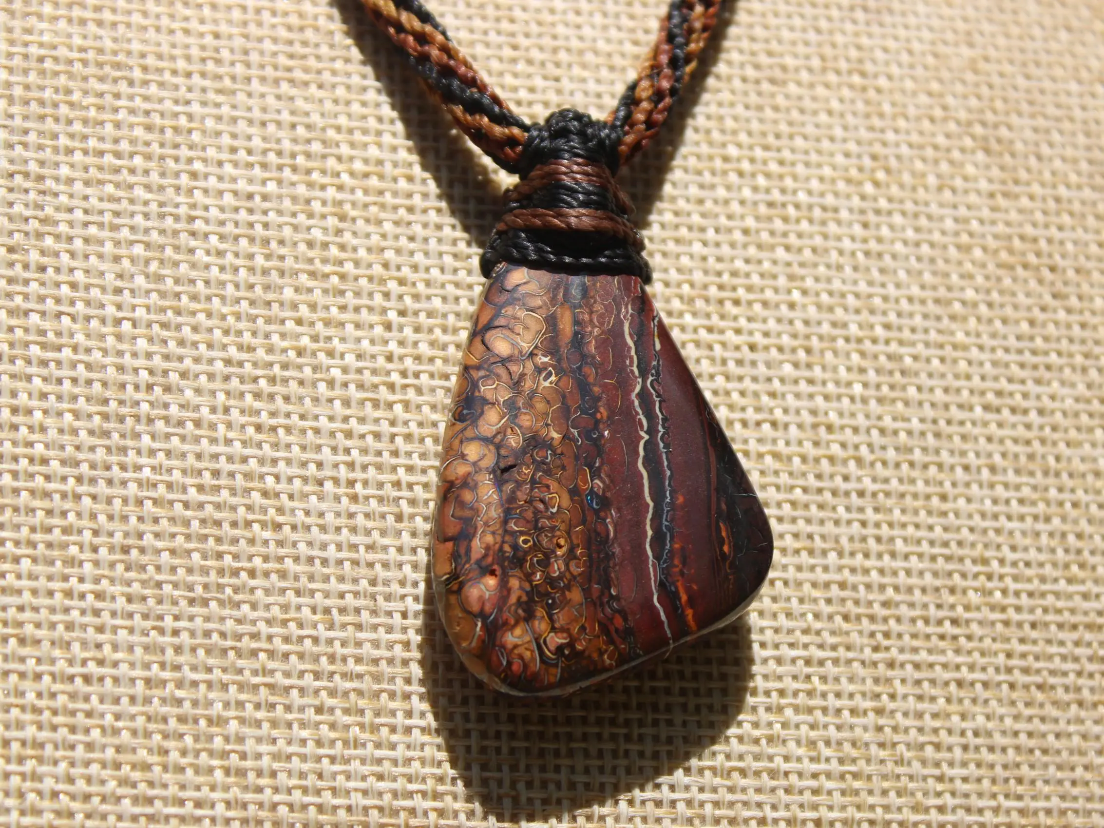 Koroit Boulder Opal Necklace • Australian Solid Opal Pendant • Hand-Polished Crystal Talisman • Australian made handwoven tropical cord