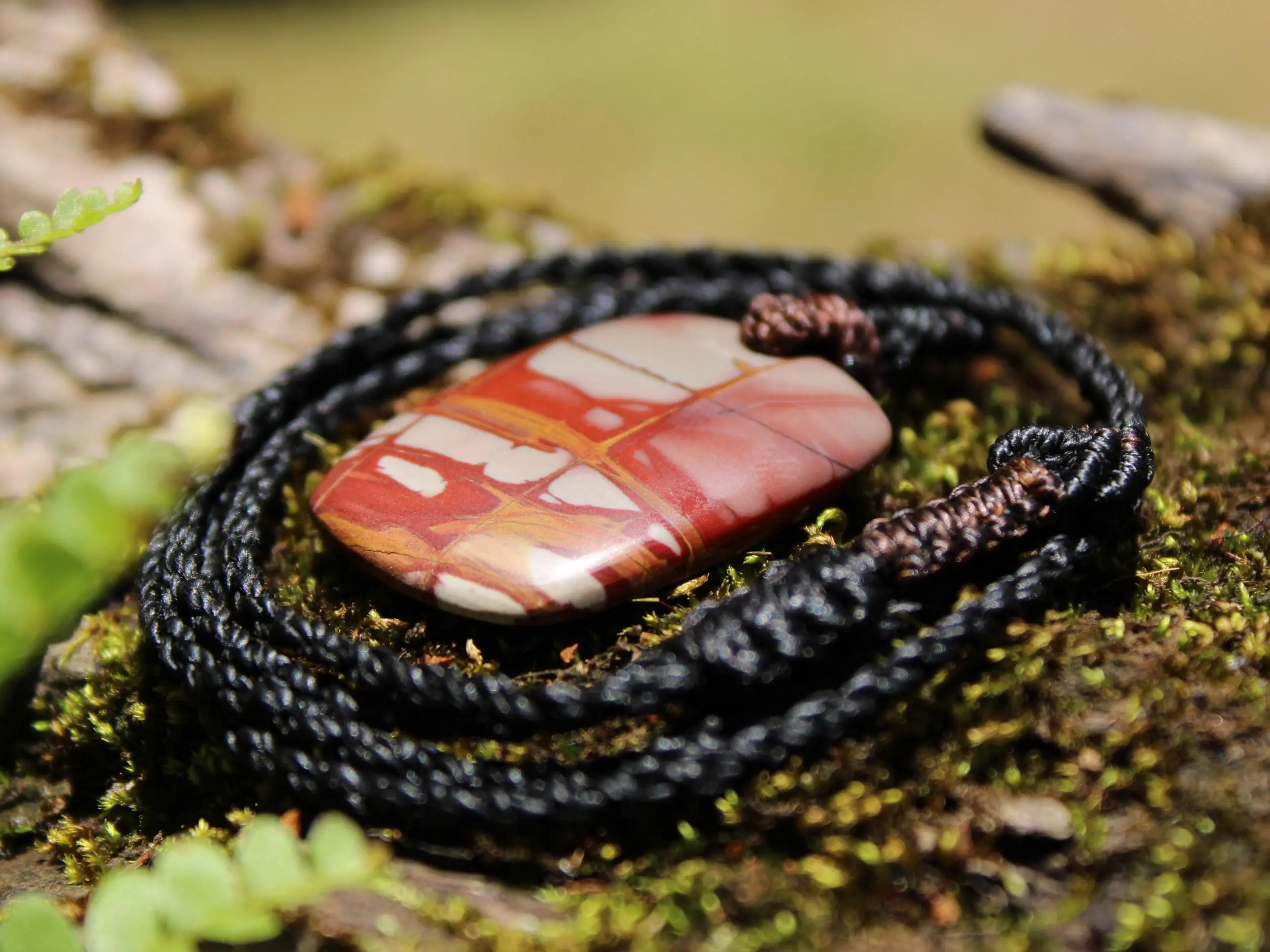 Australian Noreena Jasper Necklace • Red Stone Tribal Pendant • Handwoven Tropical Cord • May Birthstone Healing Jewelry