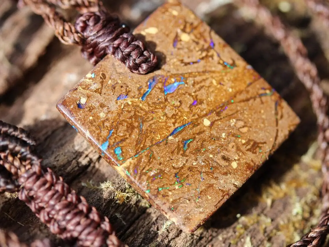 Australian matrix boulder opal necklace,Australian made handwoven tropical cord natural jewelry, Australian opal pendant, October birthstone