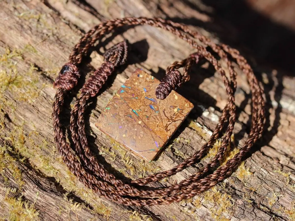 Australian matrix boulder opal necklace,Australian made handwoven tropical cord natural jewelry, Australian opal pendant, October birthstone