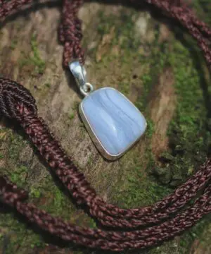 Australian Blue Lace Agate Necklace, Sterling Silver Pendant, Tribal Healing Crystal Talisman, Handwoven Tropical Cord