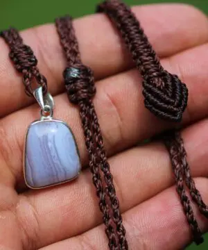 Australian Blue Lace Agate Necklace, Sterling Silver Pendant, Tribal Healing Crystal Talisman, Handwoven Tropical Cord