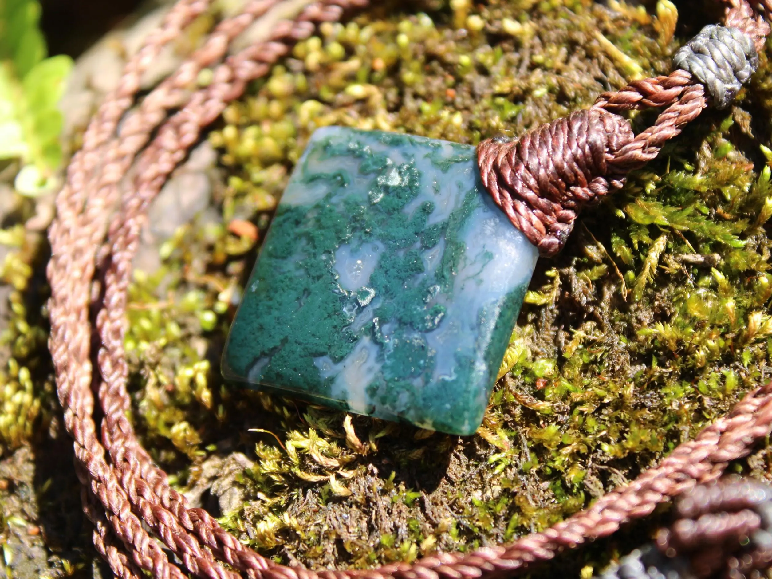 Green Moss Agate Necklace • Moss Agate Quartz Pendant • Australian Handmade Talisman • Tribal Healing Crystal Jewelry • Tropical Cord