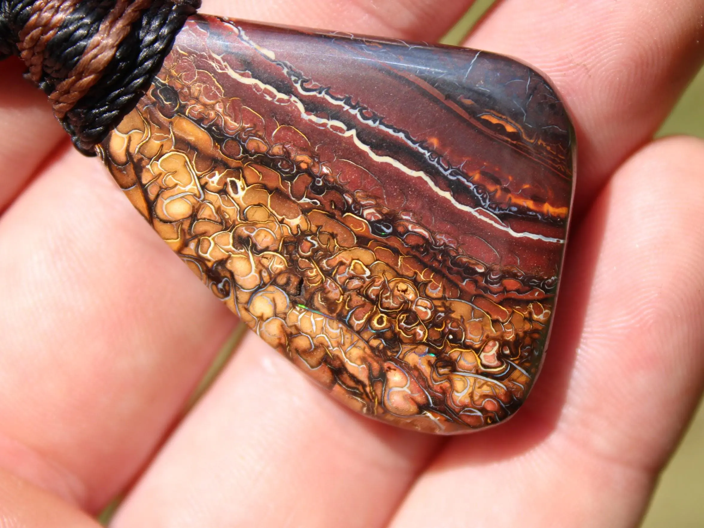 Koroit Boulder Opal Necklace • Australian Solid Opal Pendant • Hand-Polished Crystal Talisman • Australian made handwoven tropical cord