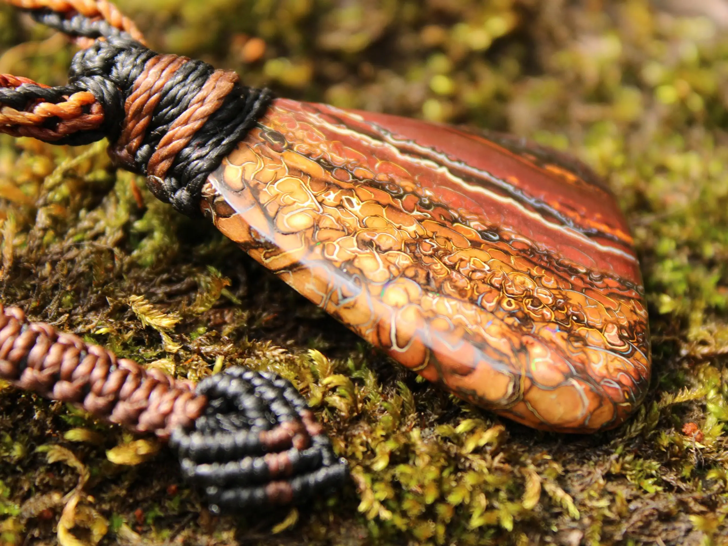 Koroit Boulder Opal Necklace • Australian Solid Opal Pendant • Hand-Polished Crystal Talisman • Australian made handwoven tropical cord