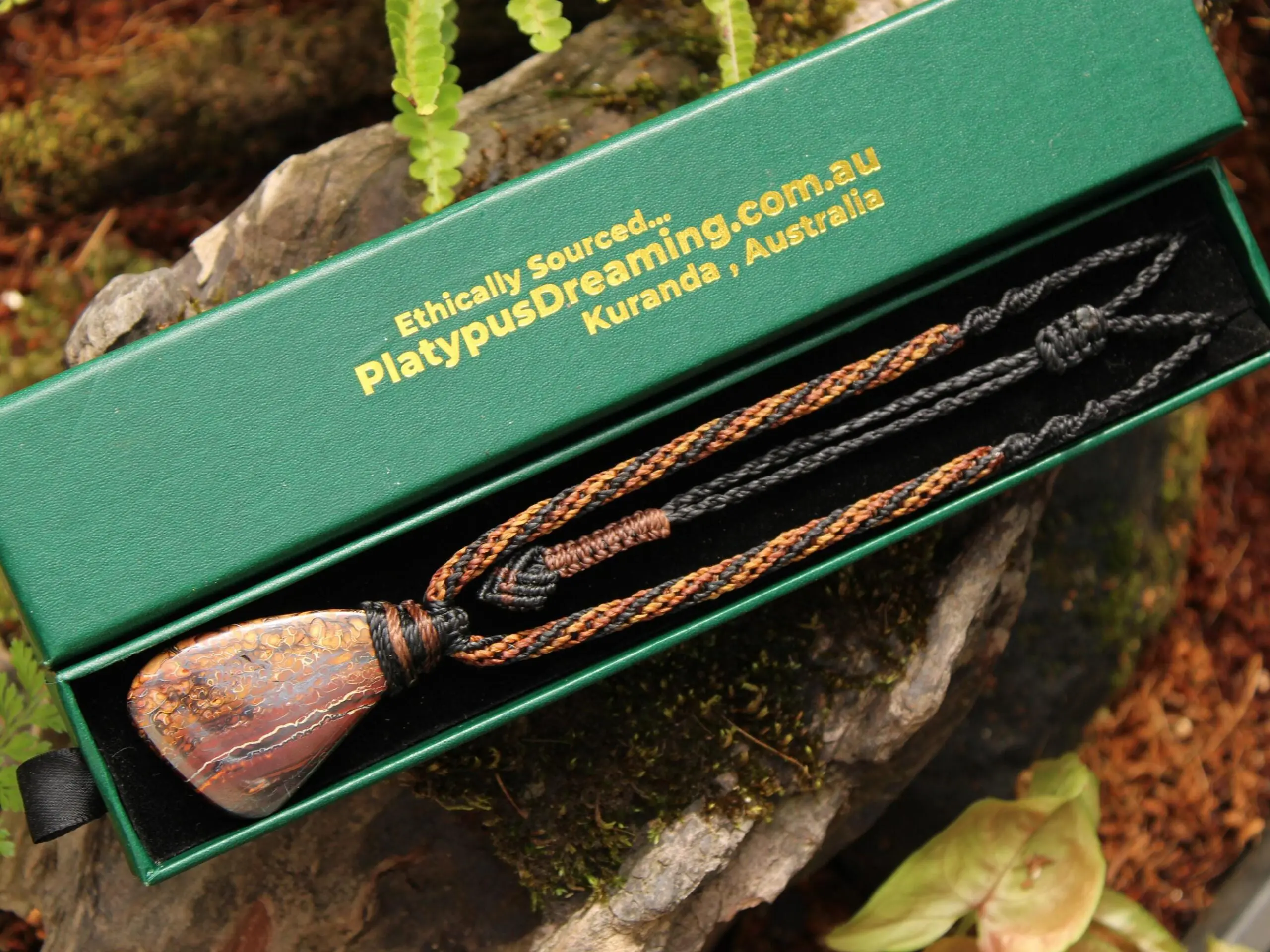 Koroit Boulder Opal Necklace • Australian Solid Opal Pendant • Hand-Polished Crystal Talisman • Australian made handwoven tropical cord