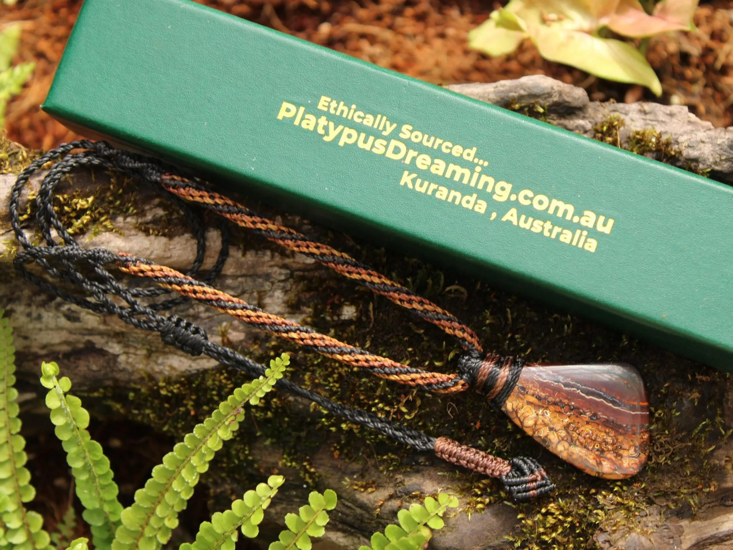 Koroit Boulder Opal Necklace • Australian Solid Opal Pendant • Hand-Polished Crystal Talisman • Australian made handwoven tropical cord