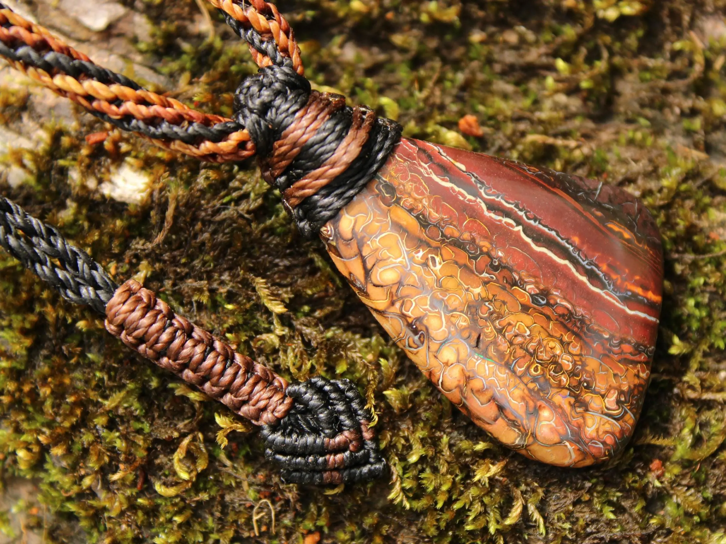 Koroit Boulder Opal Necklace • Australian Solid Opal Pendant • Hand-Polished Crystal Talisman • Australian made handwoven tropical cord
