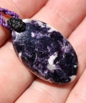 Australian Purple Lepidolite Necklace • Crystal Pendant • Celtic Tribal Jewelry • Summer Surfer Necklace • Handmade Macrame Tropical Cord