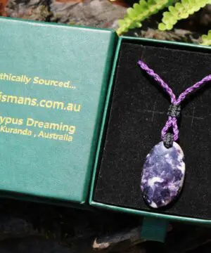 Australian Purple Lepidolite Necklace • Crystal Pendant • Celtic Tribal Jewelry • Summer Surfer Necklace • Handmade Macrame Tropical Cord