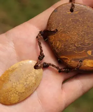 Orange Fossil Coral Necklace • Calligraphy Stone Talisman • Handmade Healing Jewelry • Australian handmade, handwoven tropical Cord Pendant