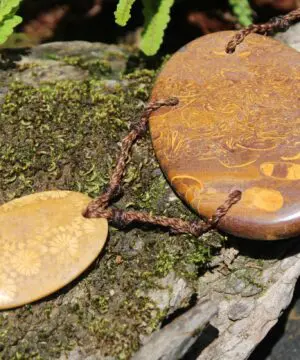 Orange Fossil Coral Necklace • Calligraphy Stone Talisman • Handmade Healing Jewelry • Australian handmade, handwoven tropical Cord Pendant