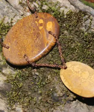 Orange Fossil Coral Necklace • Calligraphy Stone Talisman • Handmade Healing Jewelry • Australian handmade, handwoven tropical Cord Pendant