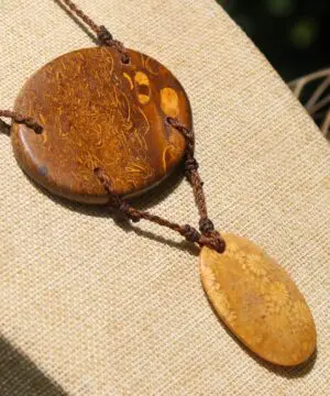 Orange Fossil Coral Necklace • Calligraphy Stone Talisman • Handmade Healing Jewelry • Australian handmade, handwoven tropical Cord Pendant