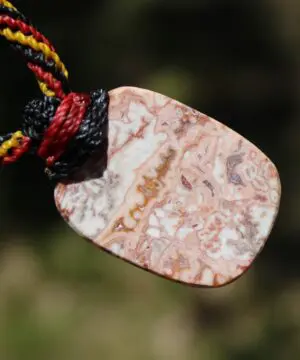 Australian Crazy Lace Agate Pendant Necklace, Australian HandMade handwoven tropical cord crystal healing Pendant Talisman, Black Yellow Red