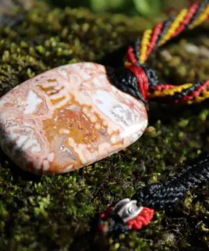 Australian Crazy Lace Agate Pendant Necklace, Australian HandMade handwoven tropical cord crystal healing Pendant Talisman, Black Yellow Red