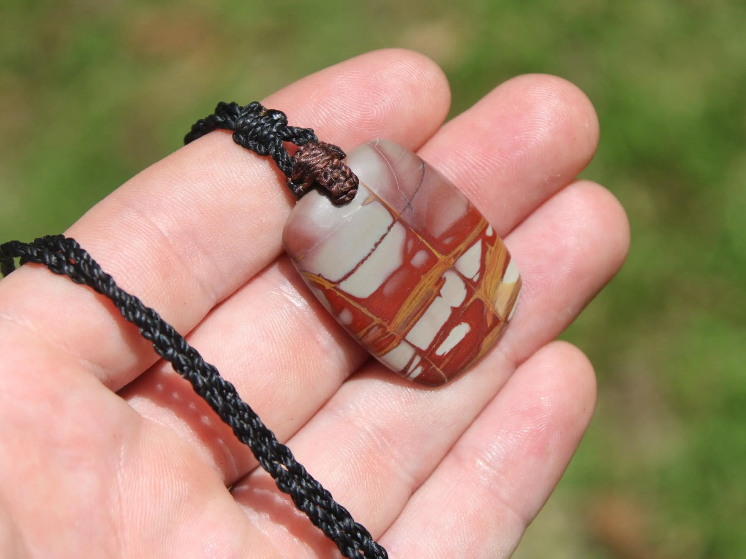 Australian Noreena Jasper Necklace • Red Stone Tribal Pendant • Handwoven Tropical Cord • May Birthstone Healing Jewelry