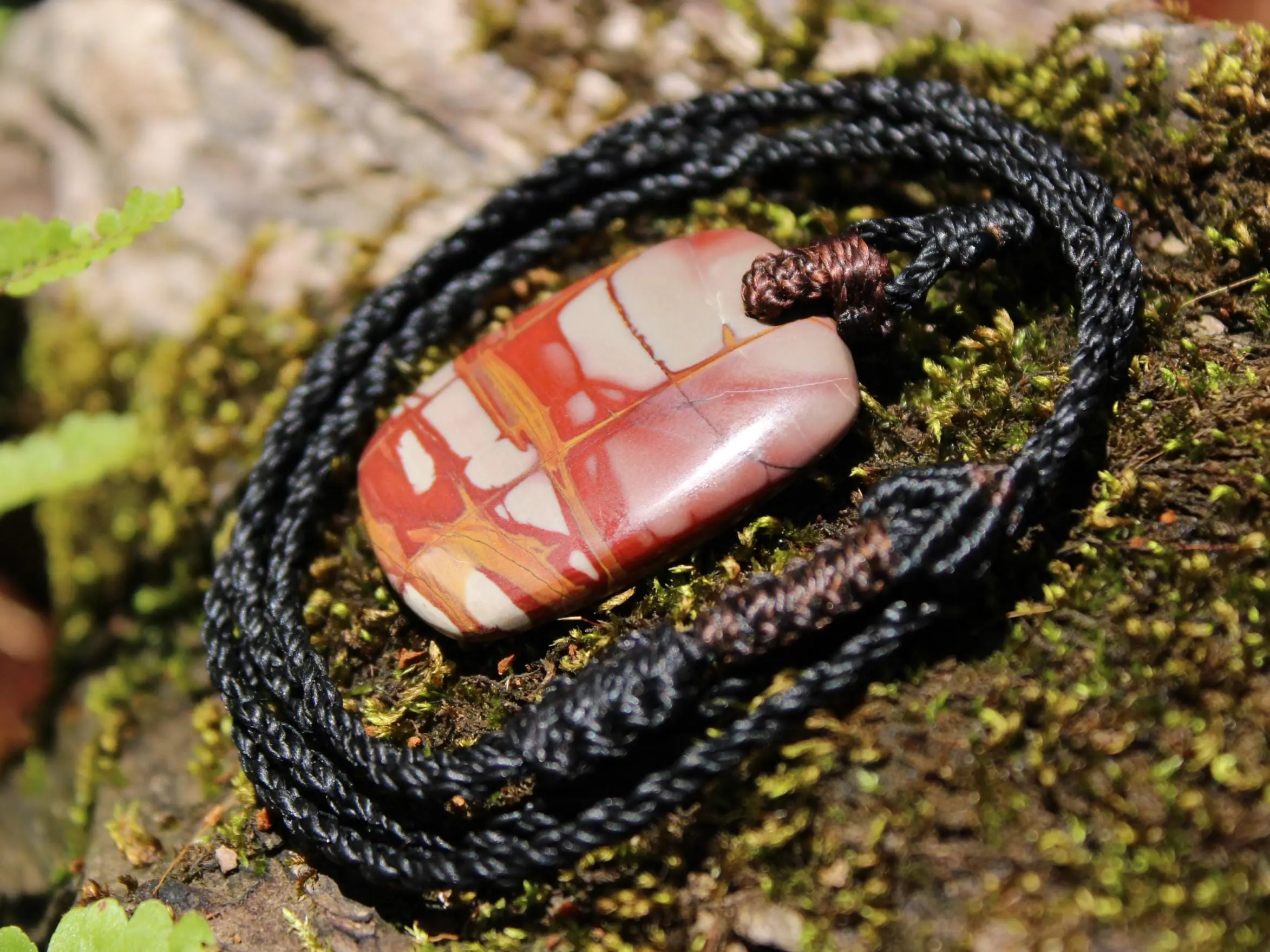 Australian Noreena Jasper Necklace • Red Stone Tribal Pendant • Handwoven Tropical Cord • May Birthstone Healing Jewelry