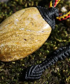 Agate Creek Jasper Talisman, Australian HandMade handwoven tropical cord crystal healing Pendant Talisman, Black Yellow Red
