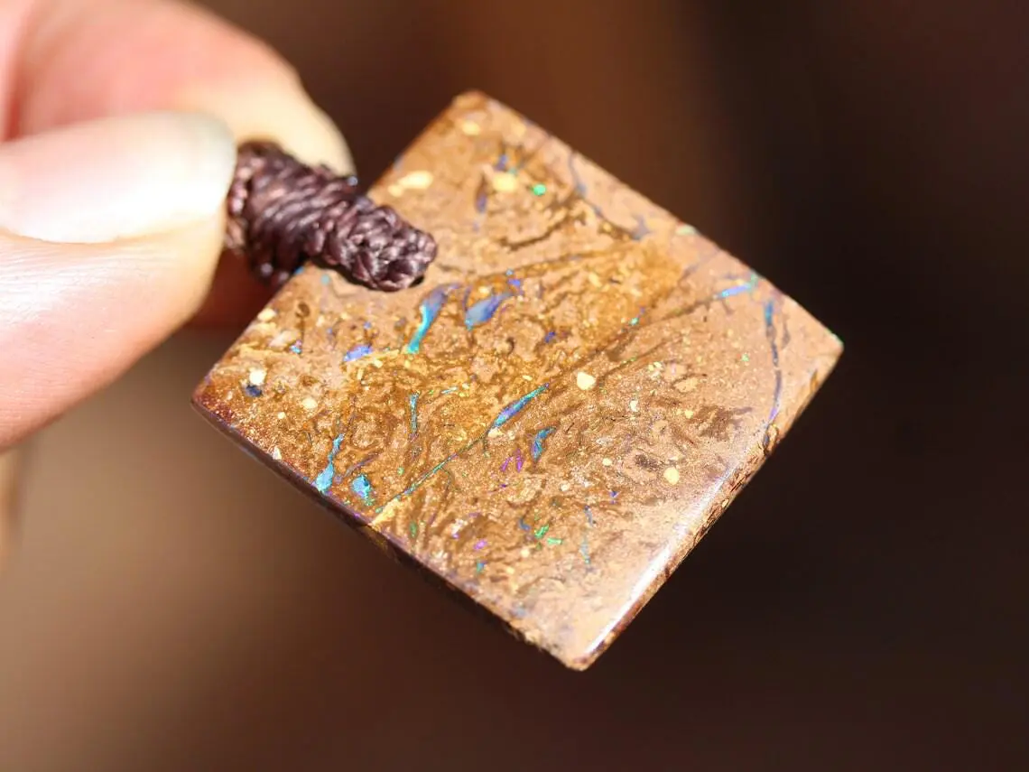 Australian matrix boulder opal necklace,Australian made handwoven tropical cord natural jewelry, Australian opal pendant, October birthstone