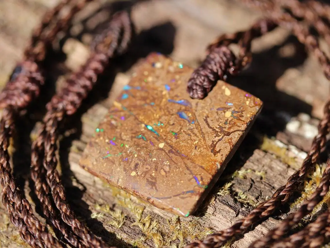 Australian matrix boulder opal necklace,Australian made handwoven tropical cord natural jewelry, Australian opal pendant, October birthstone