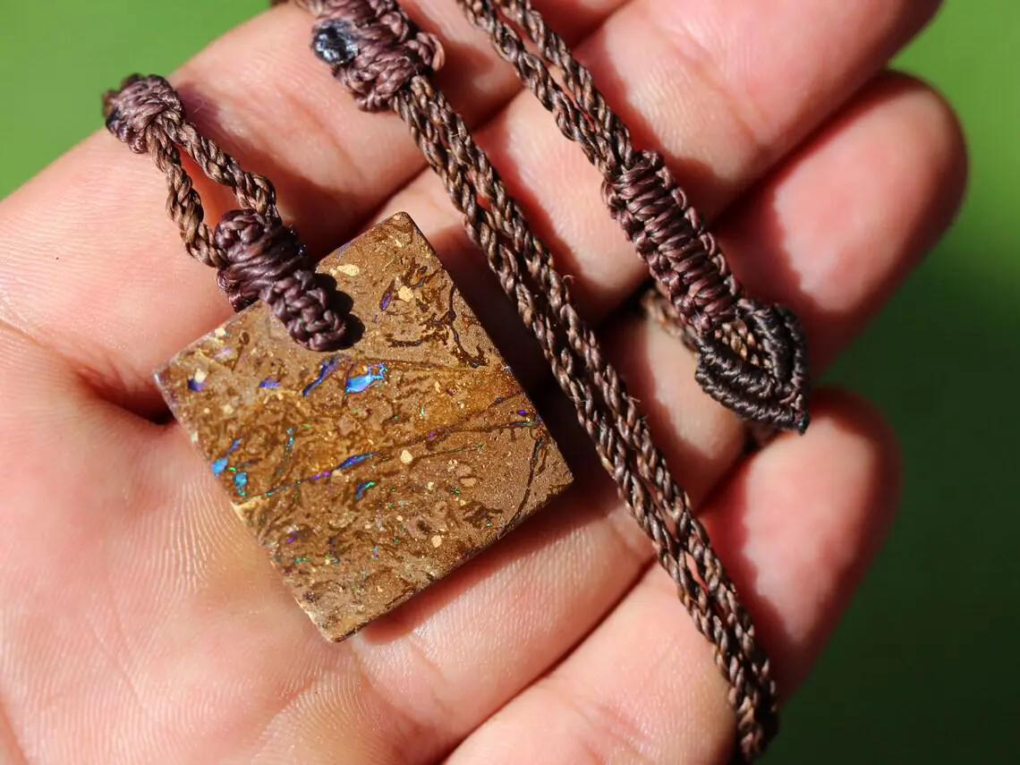 Australian matrix boulder opal necklace,Australian made handwoven tropical cord natural jewelry, Australian opal pendant, October birthstone