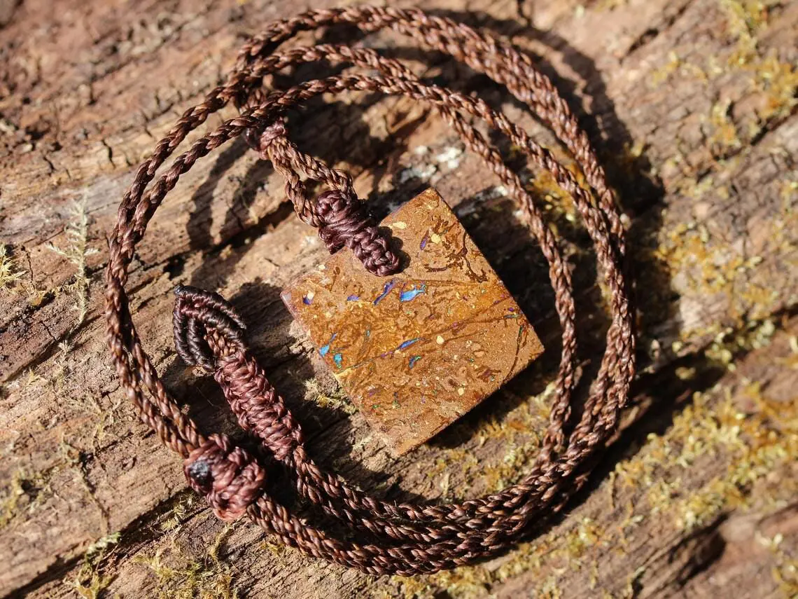Australian matrix boulder opal necklace,Australian made handwoven tropical cord natural jewelry, Australian opal pendant, October birthstone