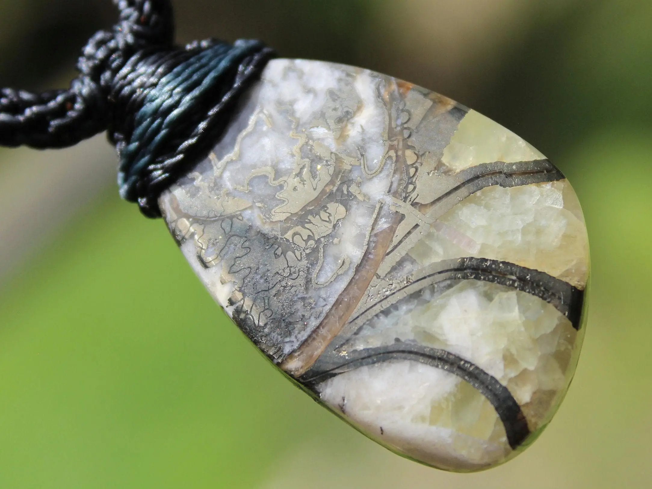 Pyrite Ammonite Calcite Necklace, Ammonite Fossil Pendant , Calcite jewelry, Australian made Macrame Cord Healing Crystal Jewelry