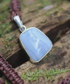 Australian Blue Lace Agate Necklace, Sterling Silver Pendant, Tribal Healing Crystal Talisman, Handwoven Tropical Cord