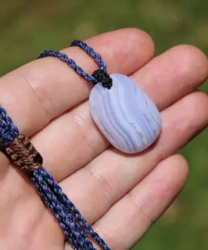 Australian Blue Lace Agate Necklace • Agate Creek Pendant • Tribal Healing Crystal Talisman • Handwoven Tropical Cord
