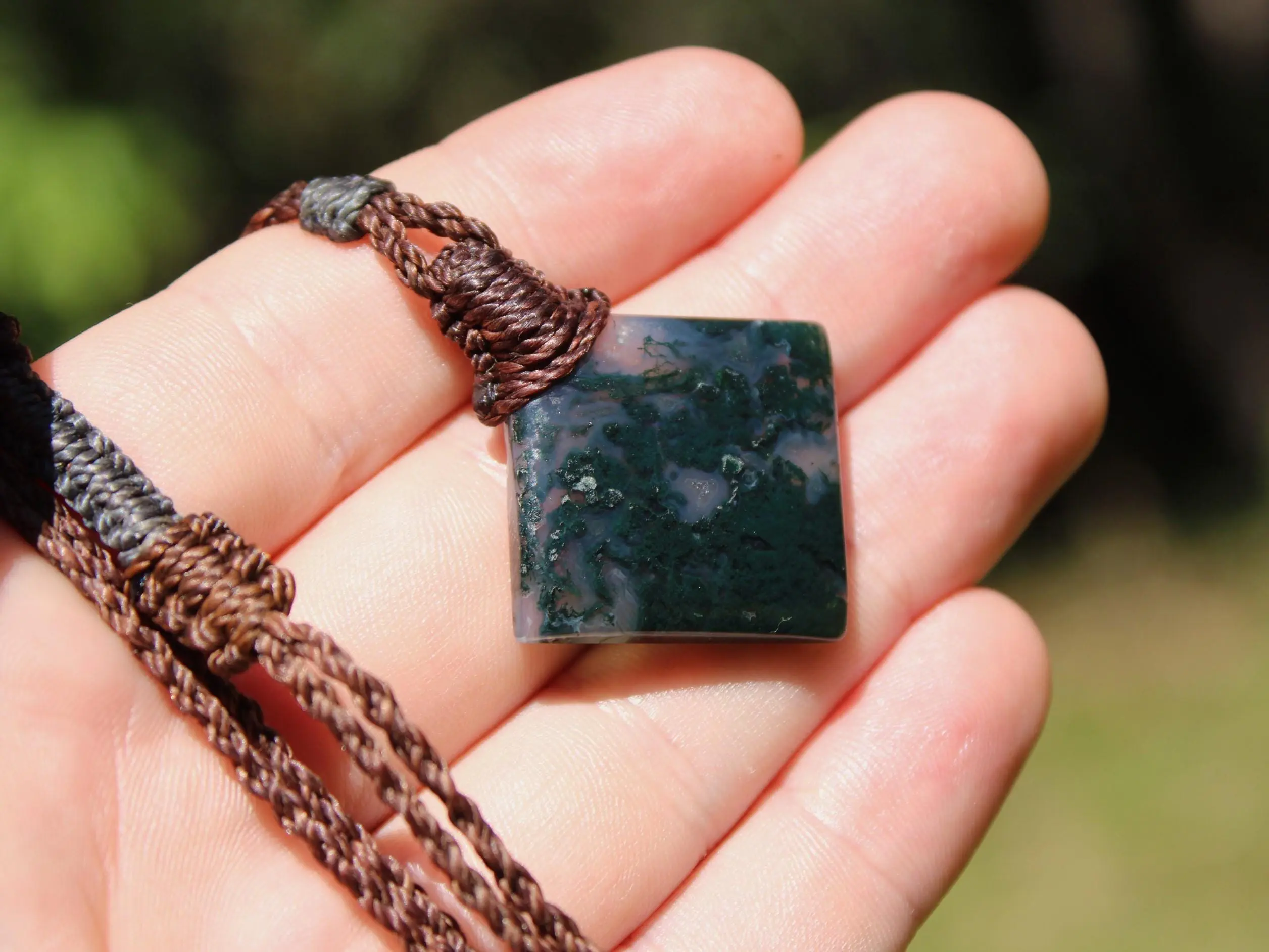Green Moss Agate Necklace • Moss Agate Quartz Pendant • Australian Handmade Talisman • Tribal Healing Crystal Jewelry • Tropical Cord