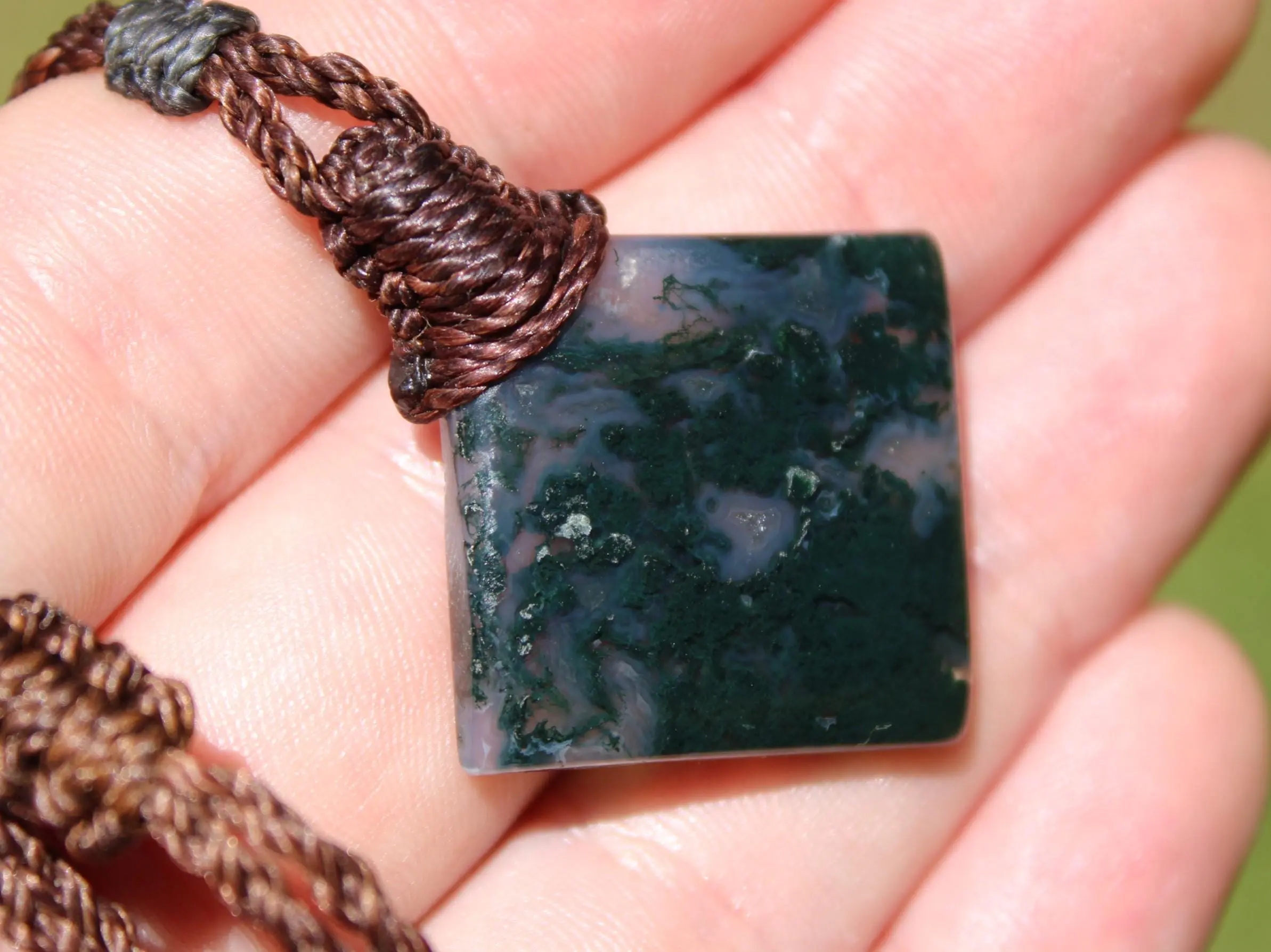 Green Moss Agate Necklace • Moss Agate Quartz Pendant • Australian Handmade Talisman • Tribal Healing Crystal Jewelry • Tropical Cord
