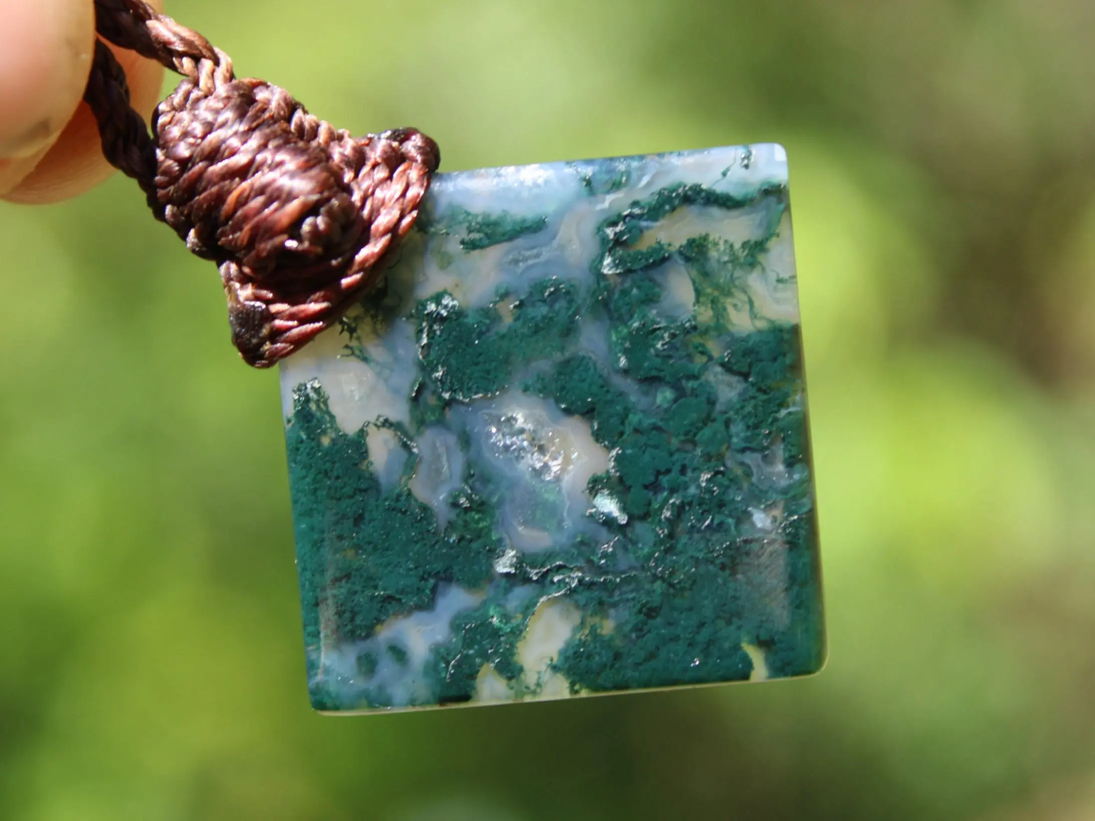 Green Moss Agate Necklace • Moss Agate Quartz Pendant • Australian Handmade Talisman • Tribal Healing Crystal Jewelry • Tropical Cord