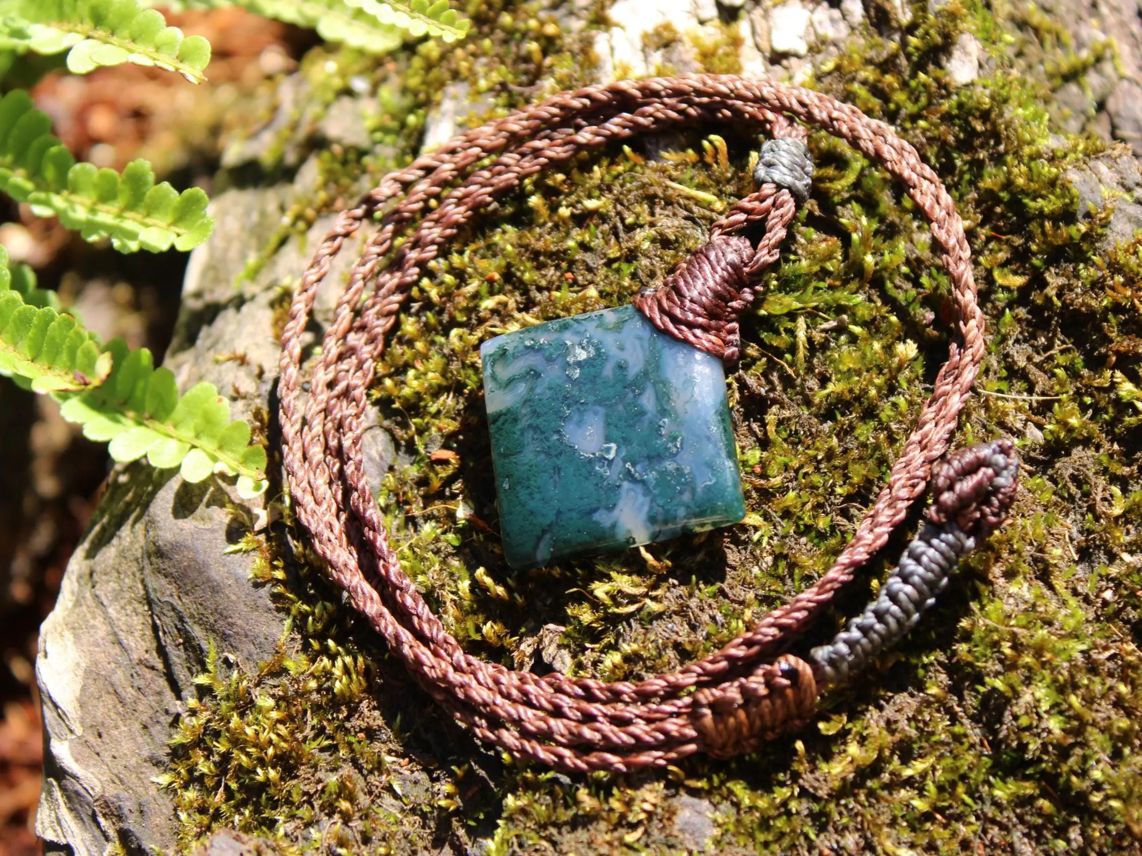 Green Moss Agate Necklace • Moss Agate Quartz Pendant • Australian Handmade Talisman • Tribal Healing Crystal Jewelry • Tropical Cord