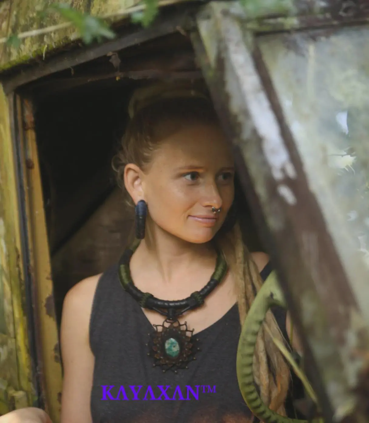 Chrysocolla Inner Tube, Amulet Upcycle Rubber Necklace, NeoTribal Fashion Recycle Burningman Jewellery, Eco Vegan Celtic Larp viking