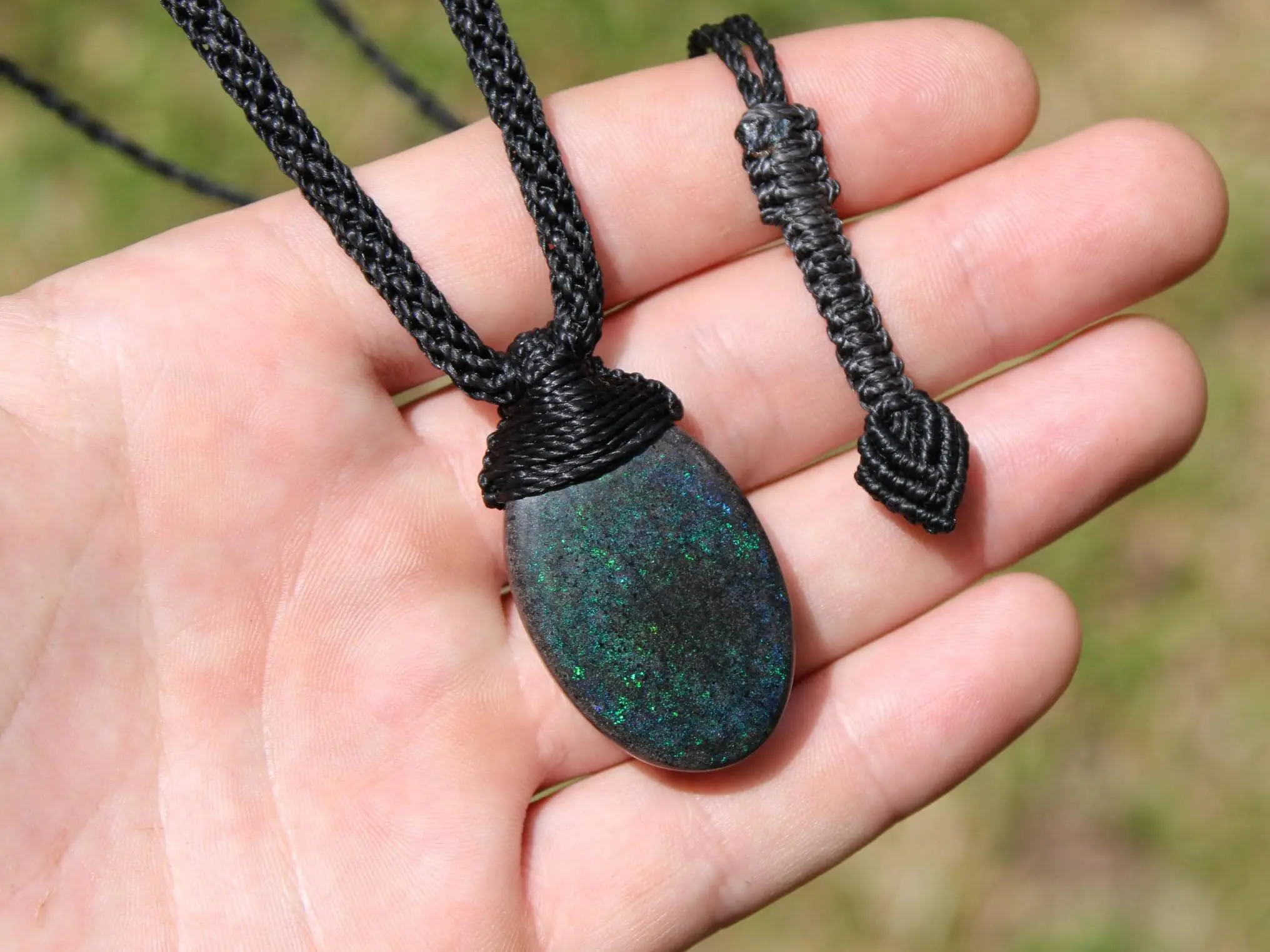 FIRE MATRIX Black OPAL Necklace,Australian Fairy Opal Tribal Pendant, Australian handmade tropical cord, double sided, october birthstone
