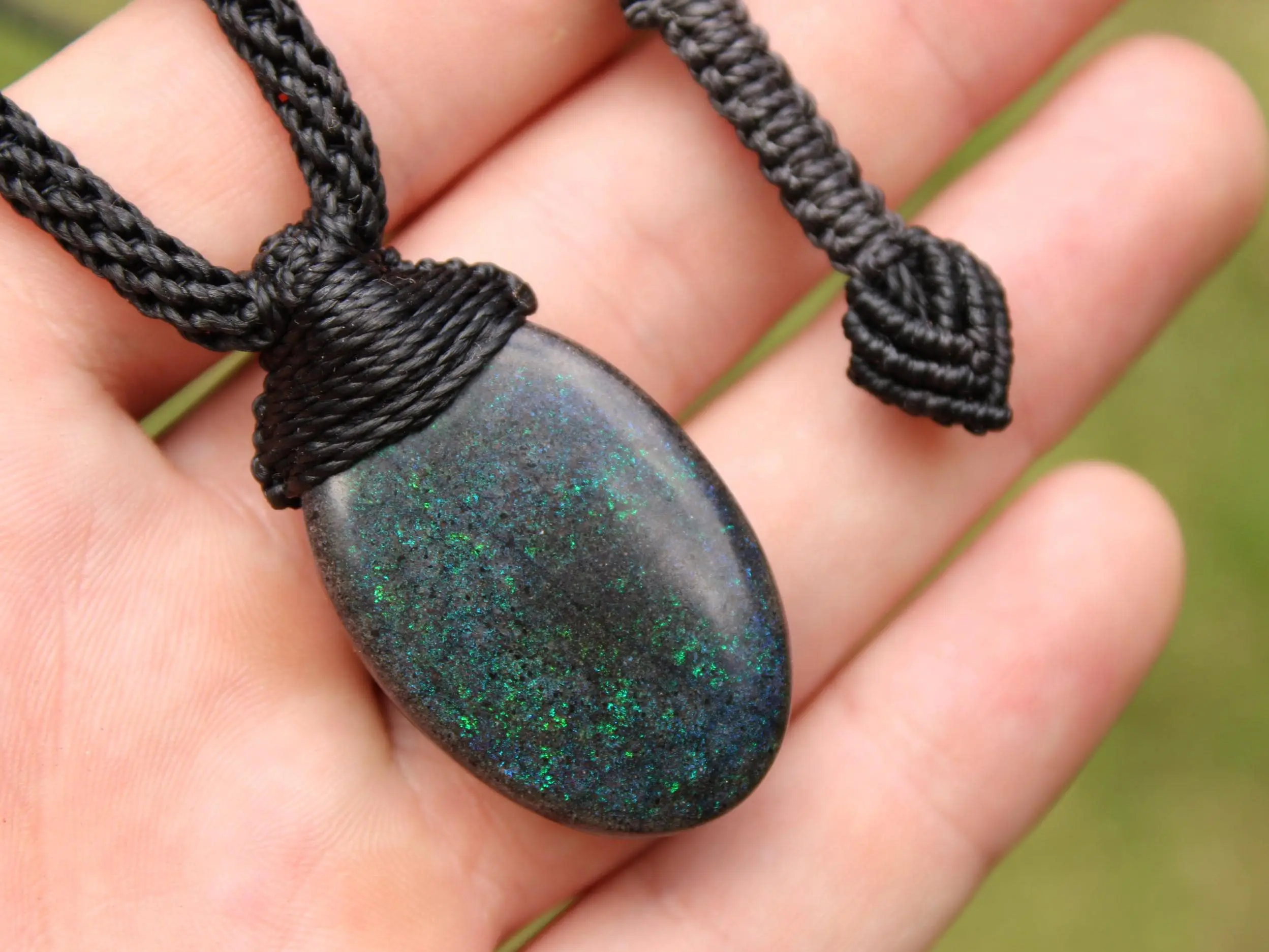 FIRE MATRIX Black OPAL Necklace,Australian Fairy Opal Tribal Pendant, Australian handmade tropical cord, double sided, october birthstone