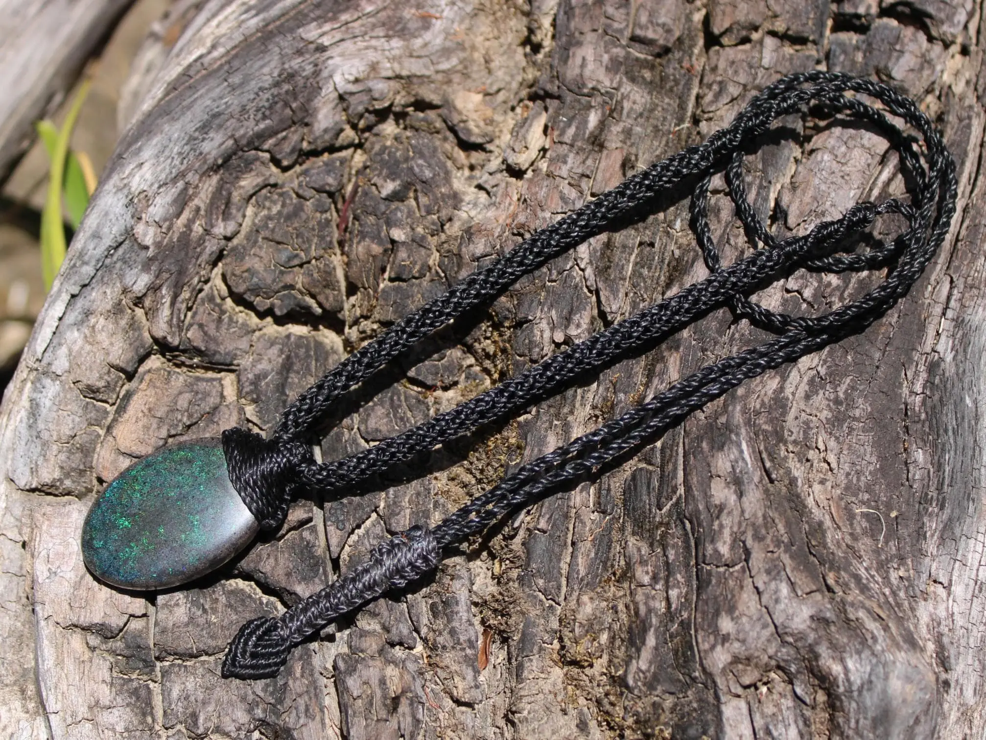 FIRE MATRIX Black OPAL Necklace,Australian Fairy Opal Tribal Pendant, Australian handmade tropical cord, double sided, october birthstone