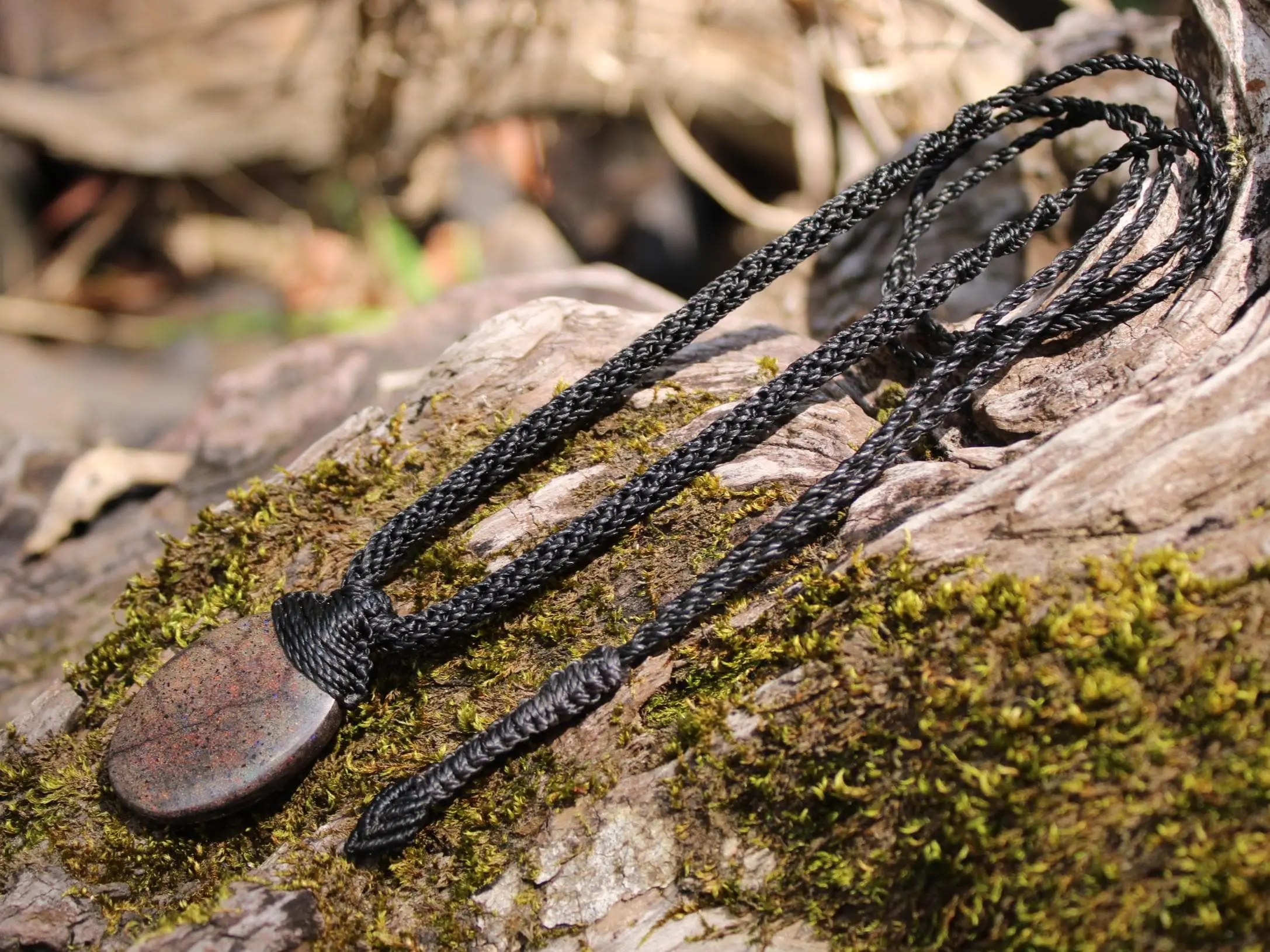 FIRE MATRIX Black OPAL Necklace,Australian Fairy Opal Tribal Pendant, Australian handmade tropical cord, double sided, october birthstone