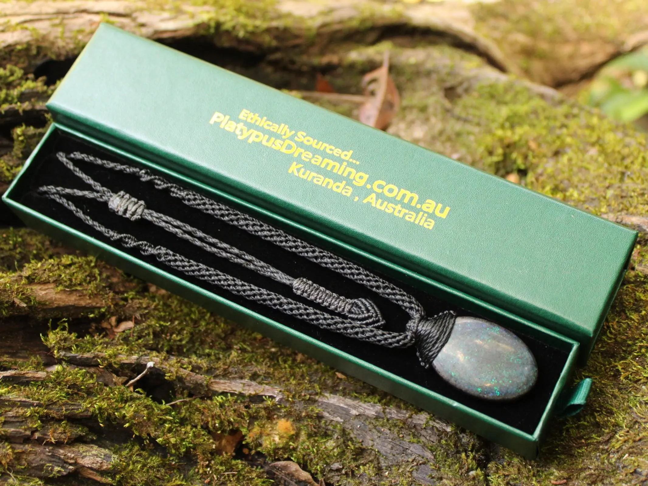 FIRE MATRIX Black OPAL Necklace,Australian Fairy Opal Tribal Pendant, Australian handmade tropical cord, double sided, october birthstone