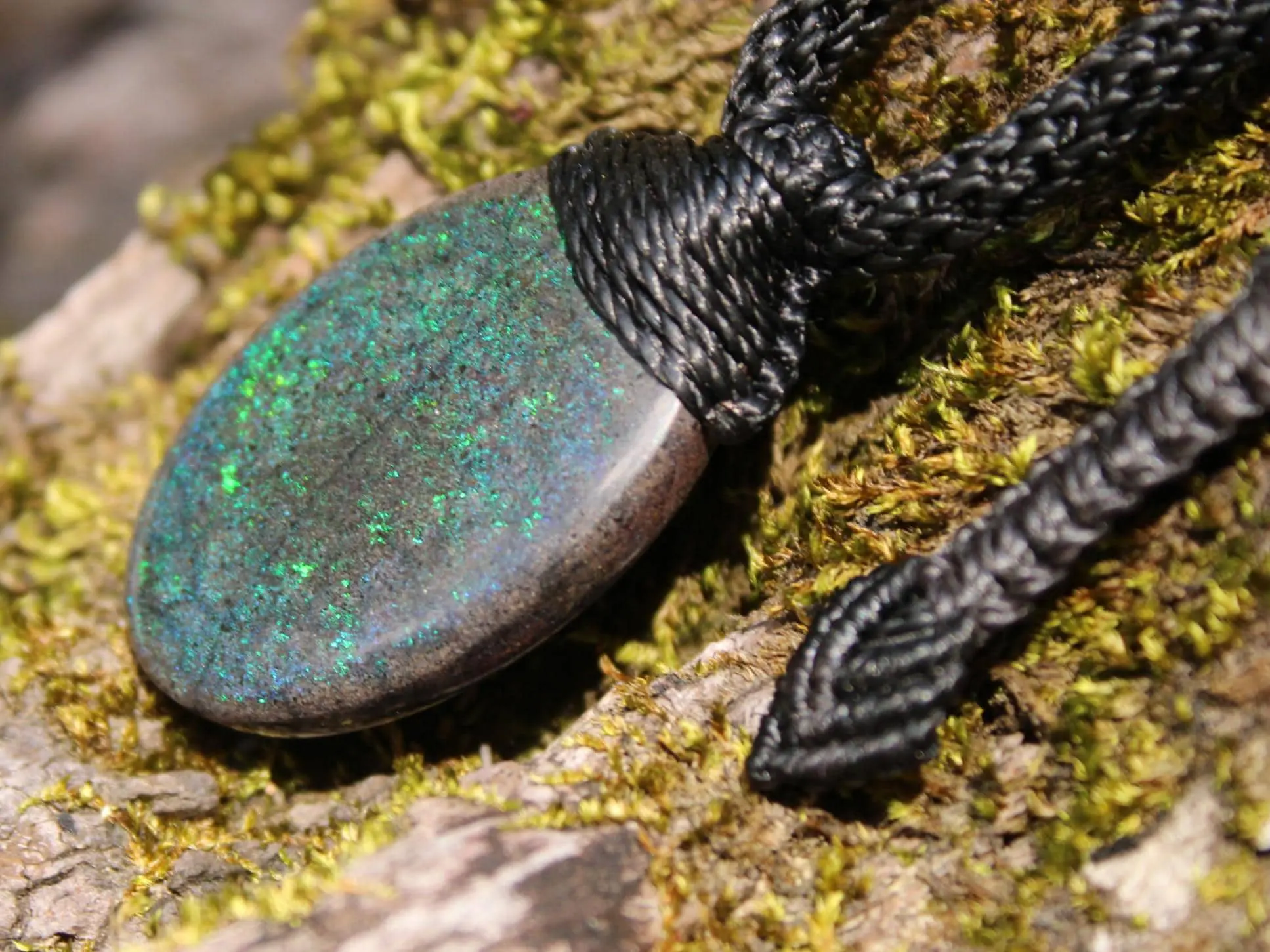 FIRE MATRIX Black OPAL Necklace,Australian Fairy Opal Tribal Pendant, Australian handmade tropical cord, double sided, october birthstone