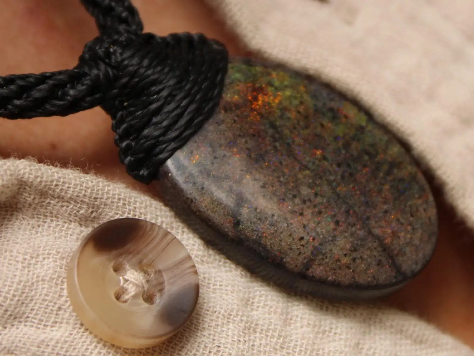 FIRE MATRIX Black OPAL Necklace,Australian Fairy Opal Tribal Pendant, Australian handmade tropical cord, double sided, october birthstone