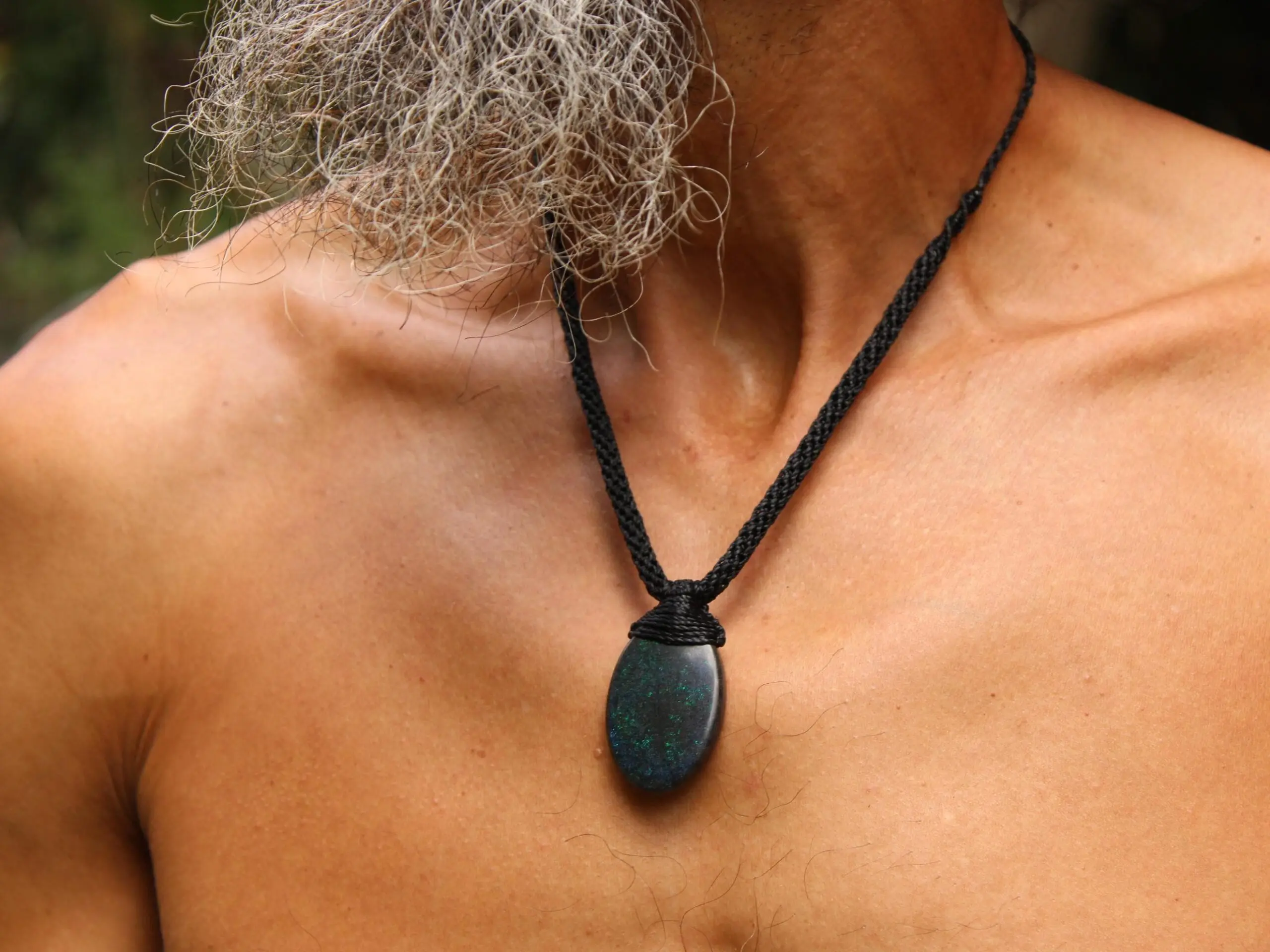 FIRE MATRIX Black OPAL Necklace,Australian Fairy Opal Tribal Pendant, Australian handmade tropical cord, double sided, october birthstone