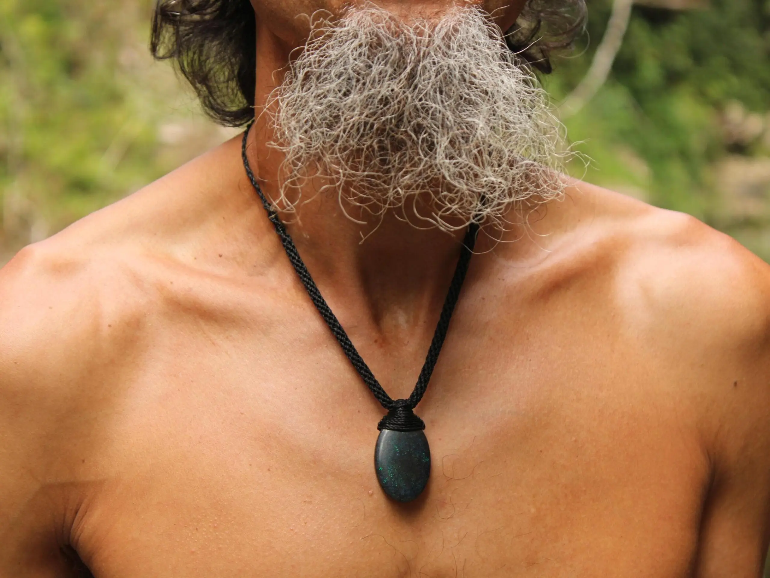 FIRE MATRIX Black OPAL Necklace,Australian Fairy Opal Tribal Pendant, Australian handmade tropical cord, double sided, october birthstone