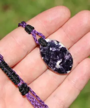 Australian Purple Lepidolite Necklace • Crystal Pendant • Celtic Tribal Jewelry • Summer Surfer Necklace • Handmade Macrame Tropical Cord