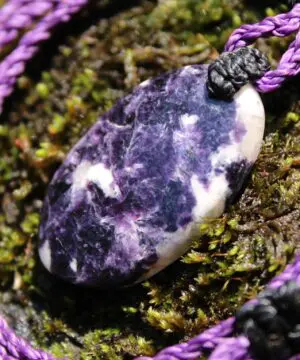 Australian Purple Lepidolite Necklace • Crystal Pendant • Celtic Tribal Jewelry • Summer Surfer Necklace • Handmade Macrame Tropical Cord