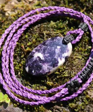 Australian Purple Lepidolite Necklace • Crystal Pendant • Celtic Tribal Jewelry • Summer Surfer Necklace • Handmade Macrame Tropical Cord