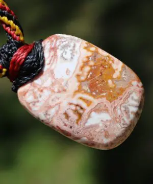 Australian Crazy Lace Agate Pendant Necklace, Australian HandMade handwoven tropical cord crystal healing Pendant Talisman, Black Yellow Red