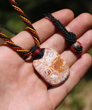 Australian Crazy Lace Agate Pendant Necklace, Australian HandMade handwoven tropical cord crystal healing Pendant Talisman, Black Yellow Red
